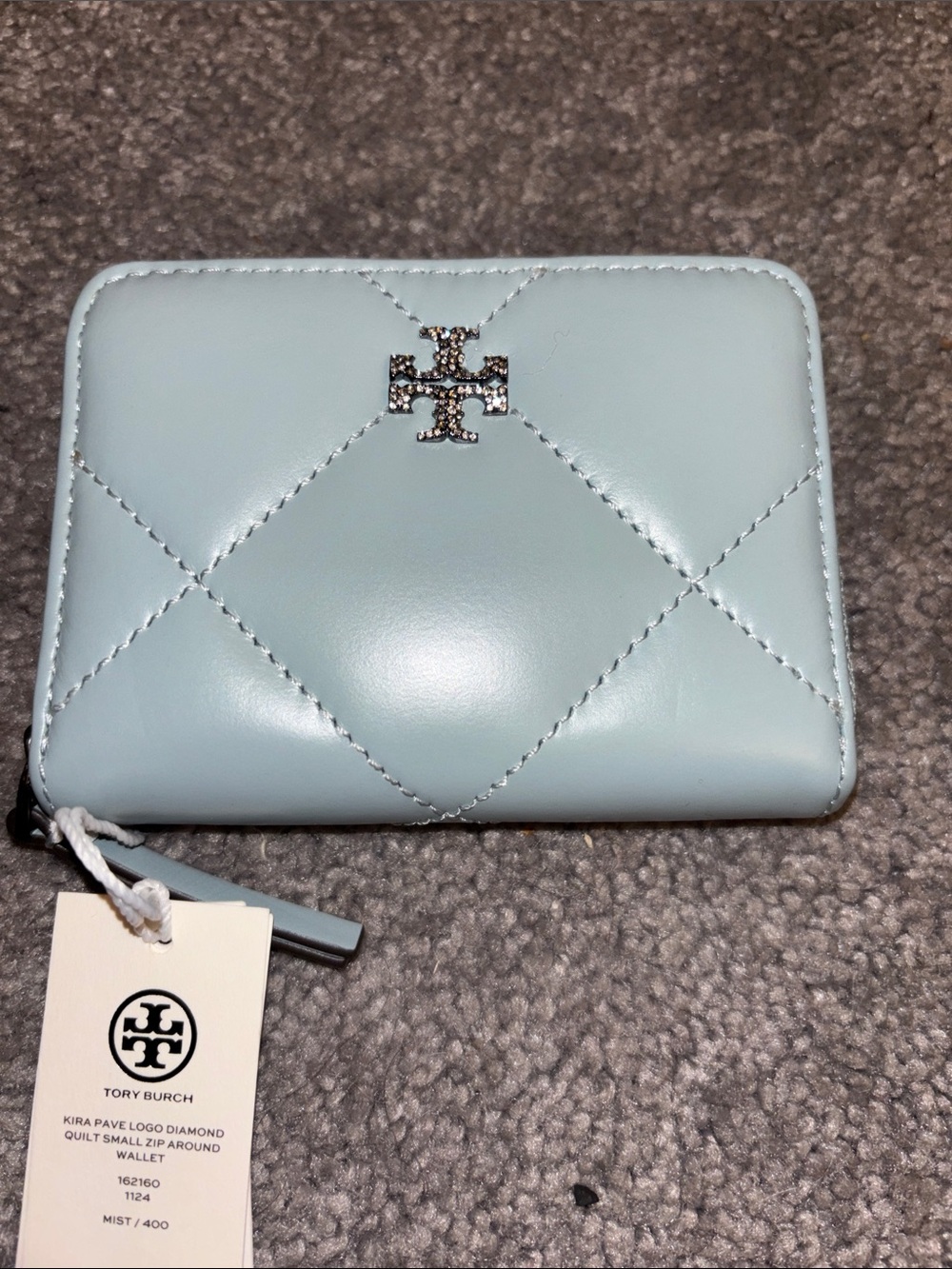 Tory Burch Mist Blue Quilted Logo Zip-Around Wallet